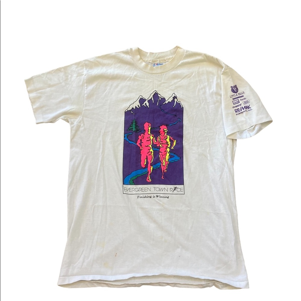 Vintage 80’s Evergreen Town Race White Single Stitched T Shirt L.